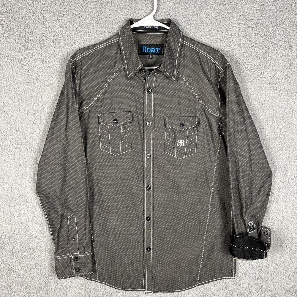 Roar Foundation Mens L Button Up Shirt Grey Polka Dot Flip Cuff Embroidered Logo